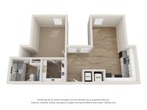 Floor plan for 1 bed, 1 bath, 665 sqft